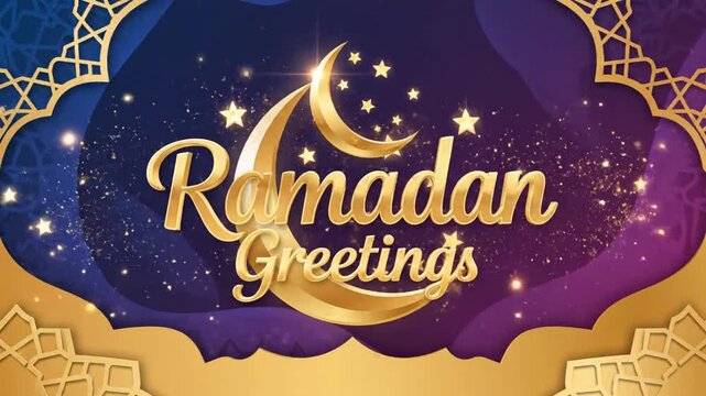 Ramadan greetings in gold with crescent moon and stars on purple background