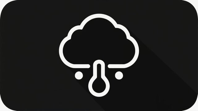 A white weather icon with a rounded cloud shape, with rain drops and a temperature-like measuring shape on a dark background