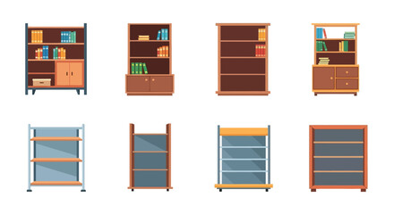 Collection of colorful wooden and metal bookshelves in various styles © vector desgins 