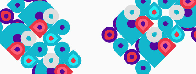 Fototapeta premium Abstract pattern features colorful circles, squares. Shapes repeat creating dynamic visual texture. Minimalist design, bright hues dominate composition.