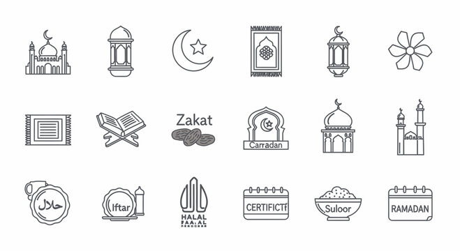 Collection of Islamic Symbols and Icons for Ramadan and Zakat.