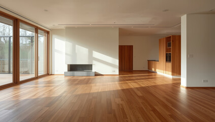 Naklejka premium Sunlit open plan living room hardwood floor minimalist fireplace large windows