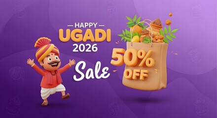 Fototapeta premium Happy ugadi 2026 sale with 50% off and traditional indian man