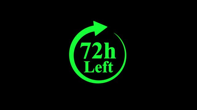 Dynamic video loop features '72h Left' countdown with a glowing green circular arrow, conveying a sense of urgency for three-day sales and time-sensitive opportunities.