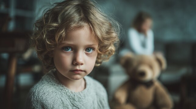 Sad child with teddy bear in dim room suggesting child psychology problem and unwell emotional state.