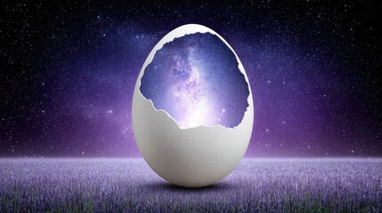 Cosmic Egg: Surreal Galaxy Within Cracked Egg on Lavender Field