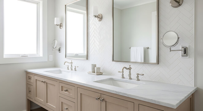 Elegant contemporary master bathroom featuring a light oak wood double vanity with dual undermount sinks circular mirrors white marble stone countertops and herringbone tile wall decor design