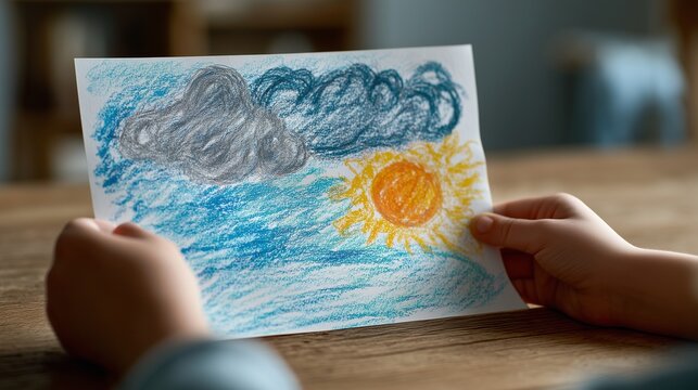Child-held crayon drawing of a stormy sky and sun, symbolizing post-traumatic emotional processing during therapeutic assessment.