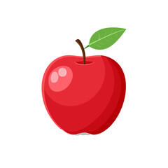 Bright red apple with a green leaf displayed on a plain background showing fruit details and simple design