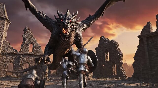 A group of armored knights confront a fire-breathing dragon amidst a fiery, ruined cityscape