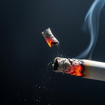 Smoking cigarette with ash falling off.