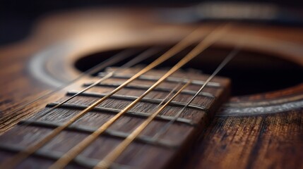 Fototapeta premium Close-up of a wooden acoustic guitar, showcasing the strings and fretboard details.