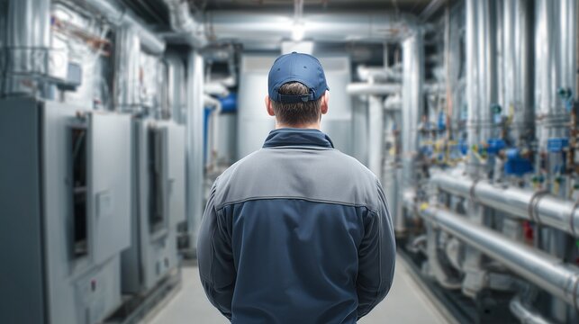 Technician inspecting mechanical room with pipe, valve and control panel during energy audit, symbolizing building energy assessment and efficiency improvement.