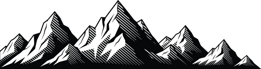Black and White Mountain Range Vector Illustration with Woodcut Etching Style for Outdoor Adventure Wilderness Tourism and Minimalist Nature Logo Design