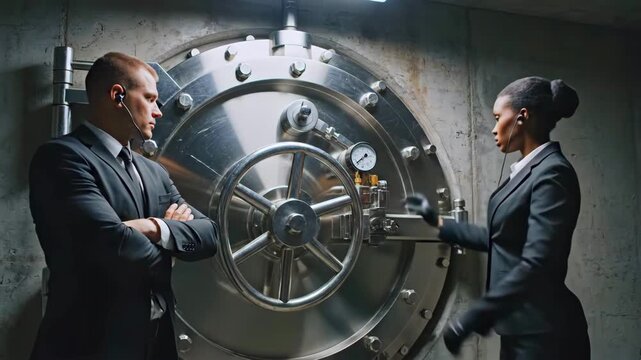 Two suited professionals standing by vault, security chief and bank manager face off in concrete vault room, arms crossed, cold metallic safe door, low key lighting, professional negotiation and asset