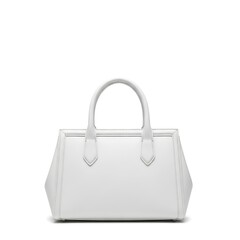 A white leather handbag with a structured design