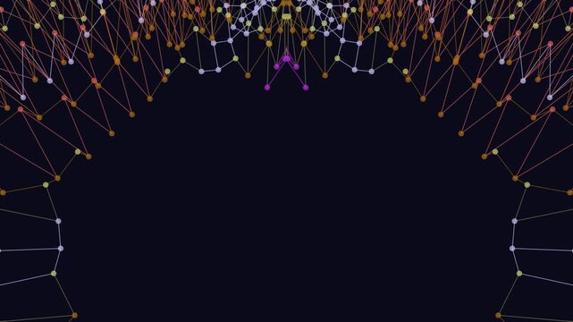 Abstract arched network of glowing dots and lines forming a decorative structure against a dark background, suggesting connectivity and data flow