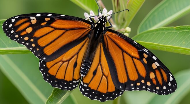 Monarch Butterfly Perched on Green Plant with White Flowers Close-Up Detail