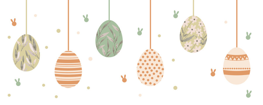 Easter Hanging Eggs Seamless Pattern in Soft Pastel Colors