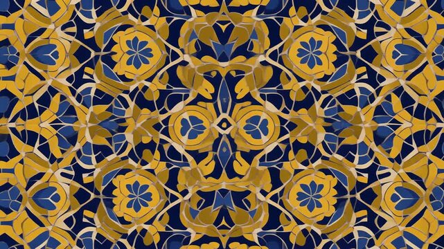A symmetrical abstract pattern, rich in blues, golds, and creams. The design features floral and geometric shapes, creating a complex, tessellated aesthetic