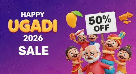 Happy ugadi 2026 sale with 50% off and cartoon family characters