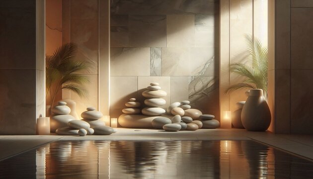 Serene Zen Garden with Stacked Stones and Natural Light.