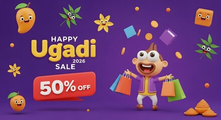 Fototapeta premium Happy ugadi sale 2026 50% off banner with cartoon character shopping