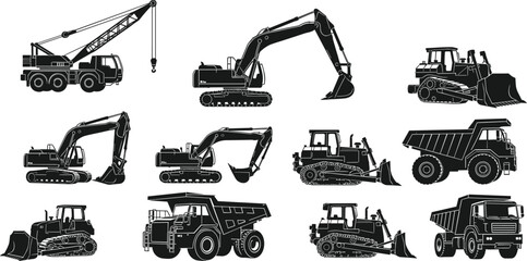 Heavy Construction Machinery Silhouette Set Featuring Excavators Bulldozers Dump Trucks and Cranes for Industrial Building Site Engineering and Earthmoving Vector Illustrations © Hafiza