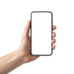 A hand holding a smartphone with a blank screen
