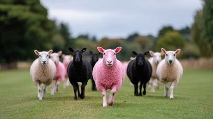 Fototapeta premium Unique Pink Sheep Among Black Sheep on a Green Meadow in a Rural Landscape