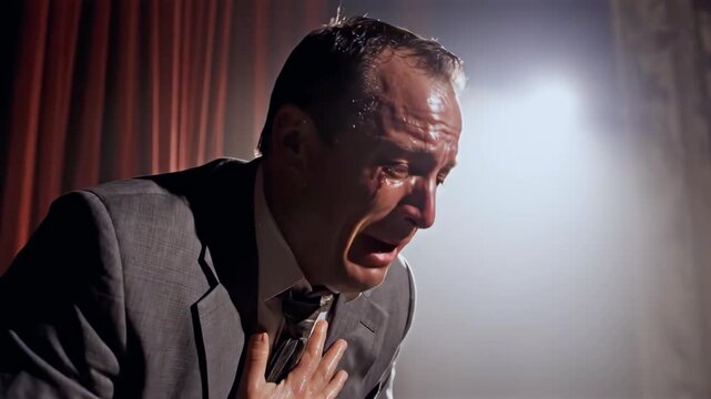 White man kneeling on stage, devastated actor clutching chest under spotlight, tearful monologue across vintage theater with red velvet curtains, wooden floorboards, dramatic closeups and raw
