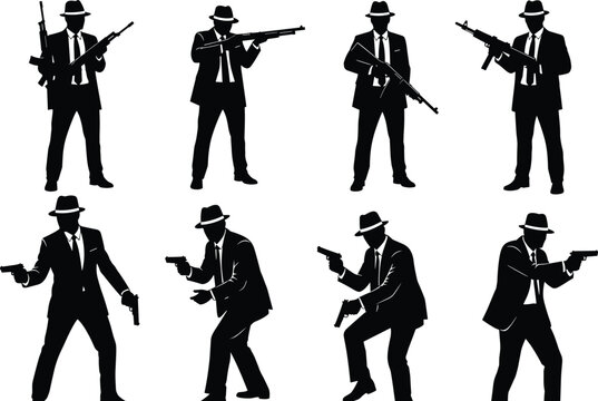 Silhouettes of secret agents or gangsters in suits and fedoras holding various guns and rifles isolated on white background for crime and action concepts