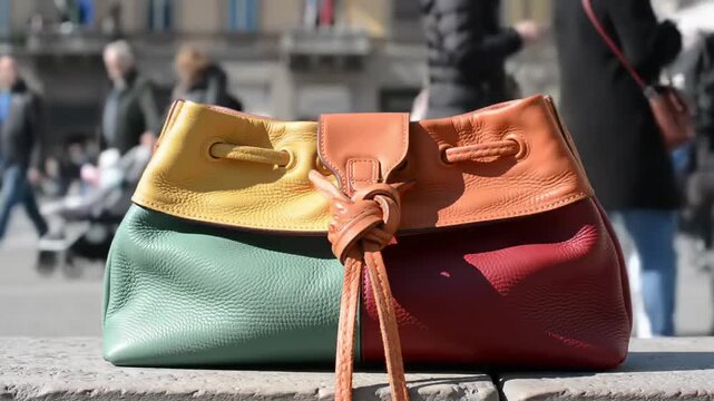 A vibrant, multi-colored leather bag with knotted accents. It sits outdoors, displaying a bold color block design. The bag has a drawstring closure