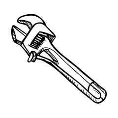 Obraz premium Hand drawn wrench sketch showing adjustable spanner tool with textured vintage look, highlighting mechanical precision. Rustic wrench sketch captures industrial craftsmanship.