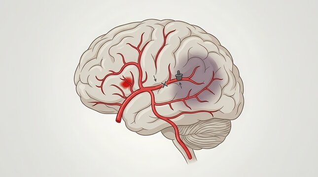 Diagram showing a brain artery with a blockage and bleeding from ruptured blood vessel