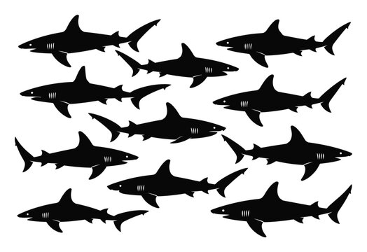 A school of black shark silhouettes swimming in unison