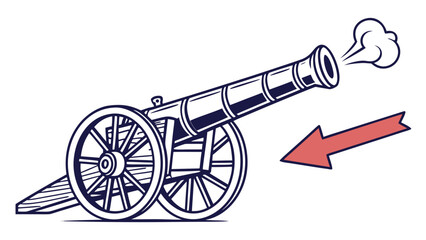 Fototapeta premium Vintage cannon firing with smoke and red arrow indicator