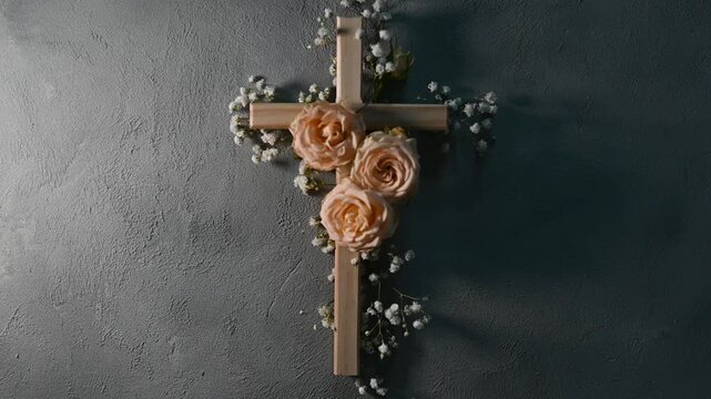 Wooden christian cross with pink roses and gypsophila flowers on a dark wall representing faith and easter symbolizing faith, resurrection