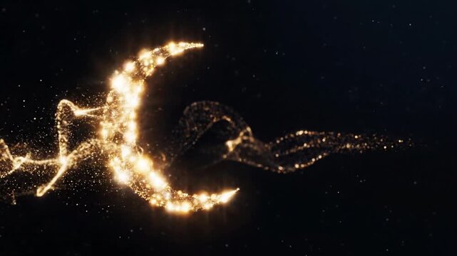 Golden particles form a crescent moon and star on dark background