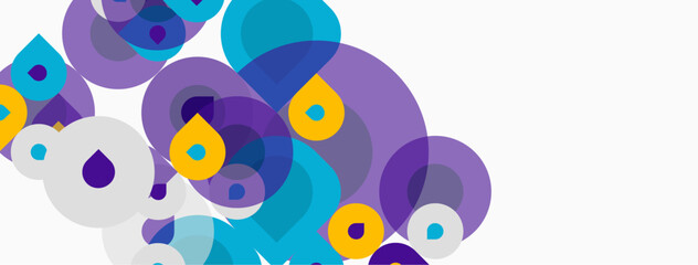 Fototapeta premium Abstract circles overlap, creating vibrant color patterns. Purple, turquoise, yellow hues dominate composition. Minimalist design, modern aesthetic.