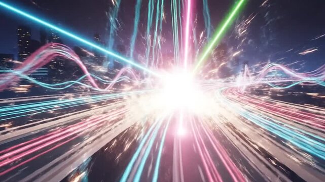 Vibrant cityscape highway with colorful light trails at night