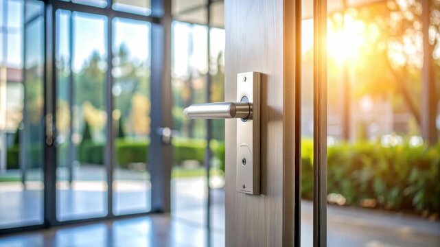 Modern silver door handle on a light wooden door opening into a bright sunlit office lobby with garden views