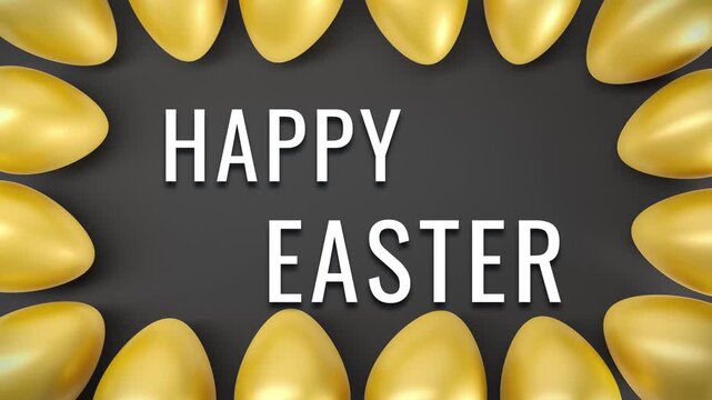 Video animation of sixteen golden Easter eggs on dark background and the message Happy Easter in white - vacation concept - seamless loop.