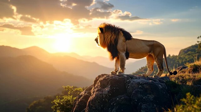 Powerful male lion standing on a rocky peak overlooking a scenic mountain valley during a golden sunset