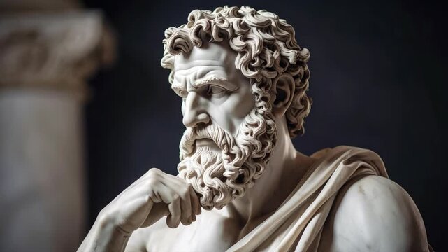Classical marble sculpture of a bearded man in a deep thinking pose