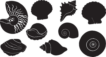 Big collection of underwater elements. Set of blue silhouettes  seashells, seaweeds. Summer marine background with hand drawn shell, algae, starfish, coral © Israt