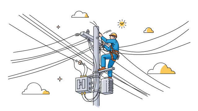 Skillful utility worker or electrician climbing a tall power pole to maintain electrical wires against a bright sunny sky with clouds.
