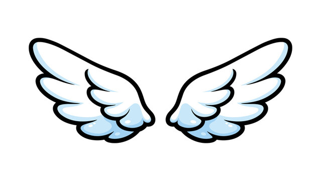 Cute illustration of white angel wings with blue shading and thick black outlines. Perfect for character design, sticker, icons, or decorative fantasy elements. Isolated on transparent background.