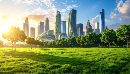 Fototapeta premium Modern city skyline at sunrise with green park and futuristic buildings in golden light