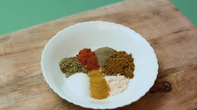 A variety of spices in a white bowl, including dried herbs, powdered red pepper and ground spices